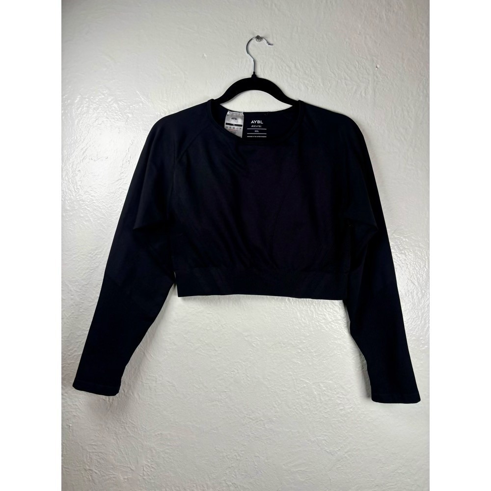 AYBL Black‎ Long Sleeve Crop Top XXL Workout Gym Shirt Thumbholes Compression